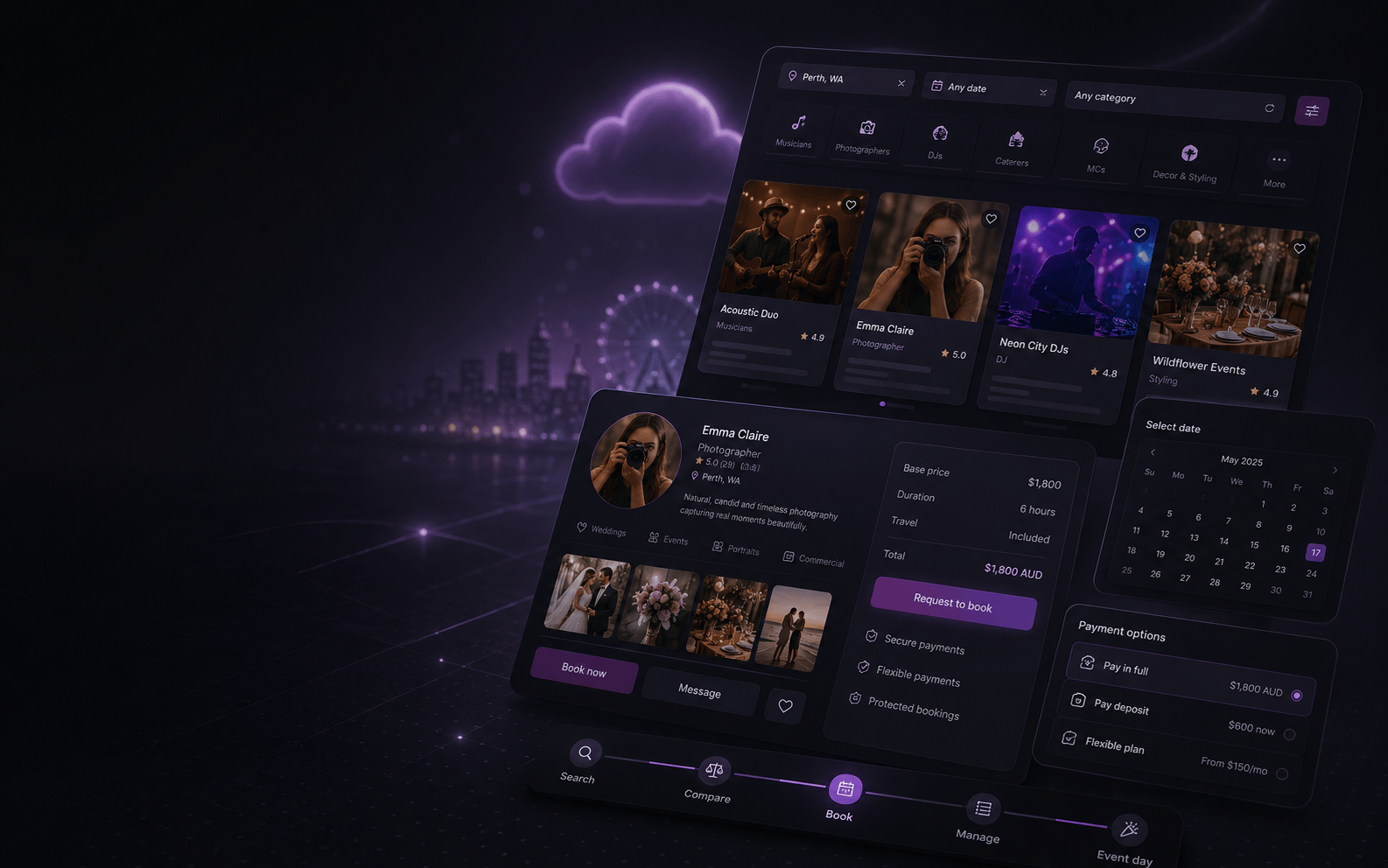 Booking and marketplace flow for events and creatives