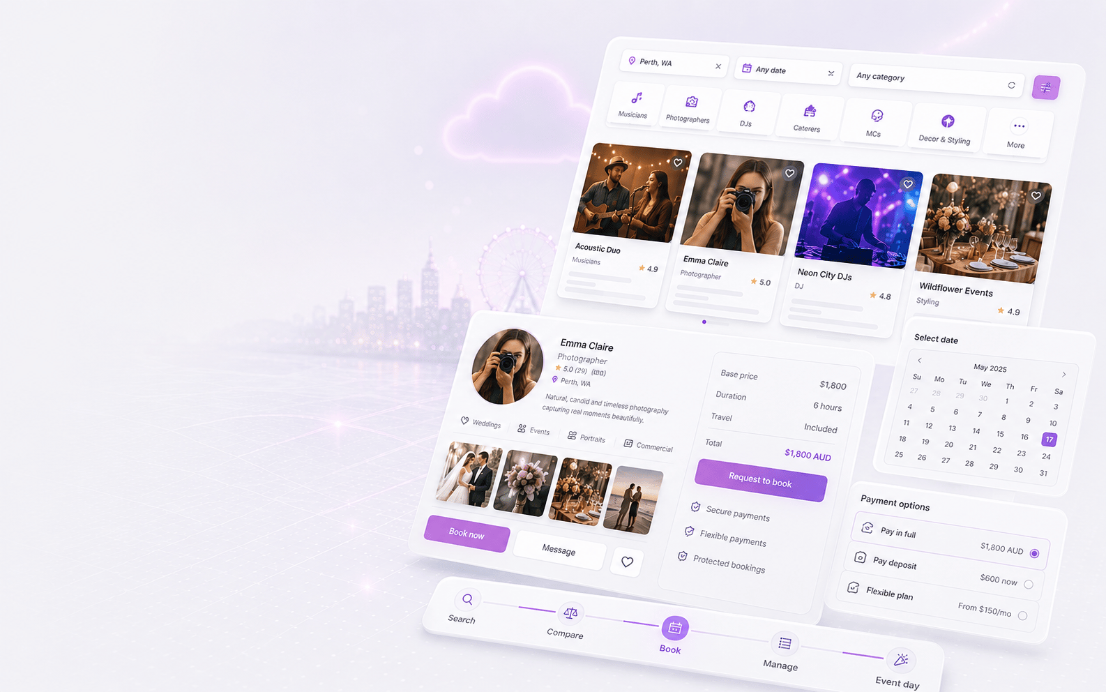 Booking and marketplace flow for events and creatives