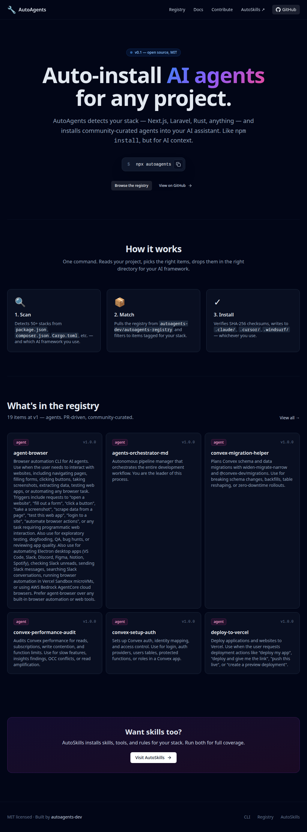 Full-height AutoAgents website screenshot