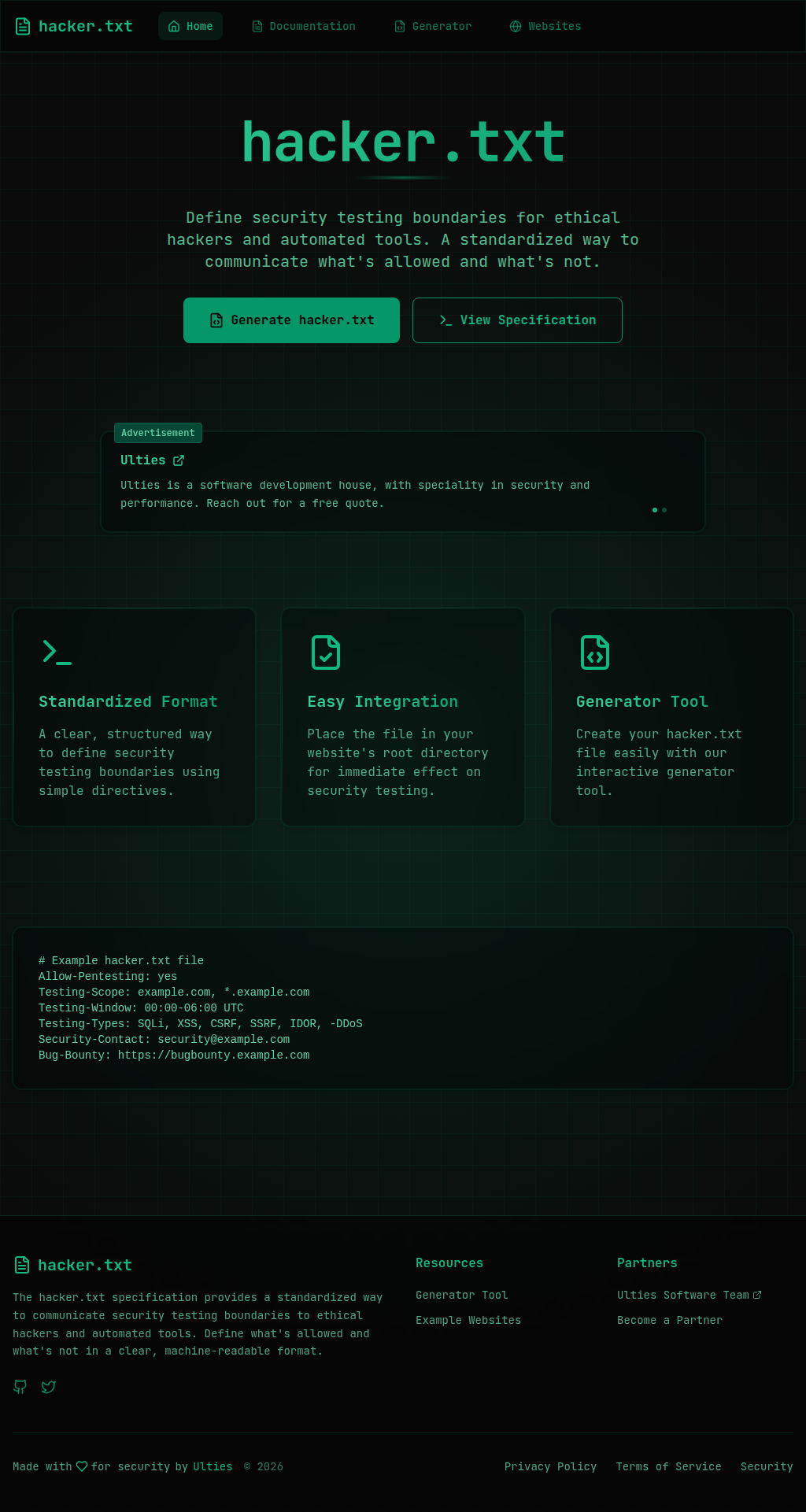 Full-height hacker.txt website screenshot