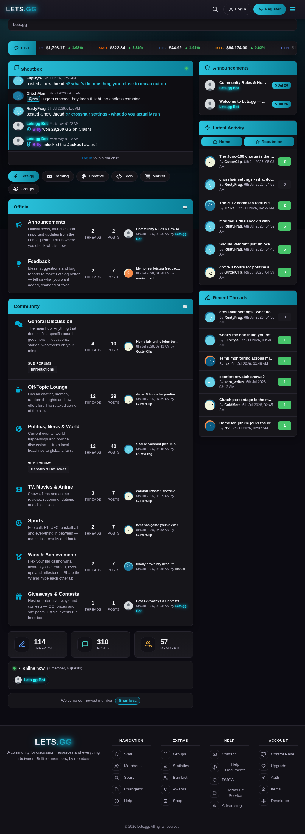 Full-height Lets.gg community platform screenshot