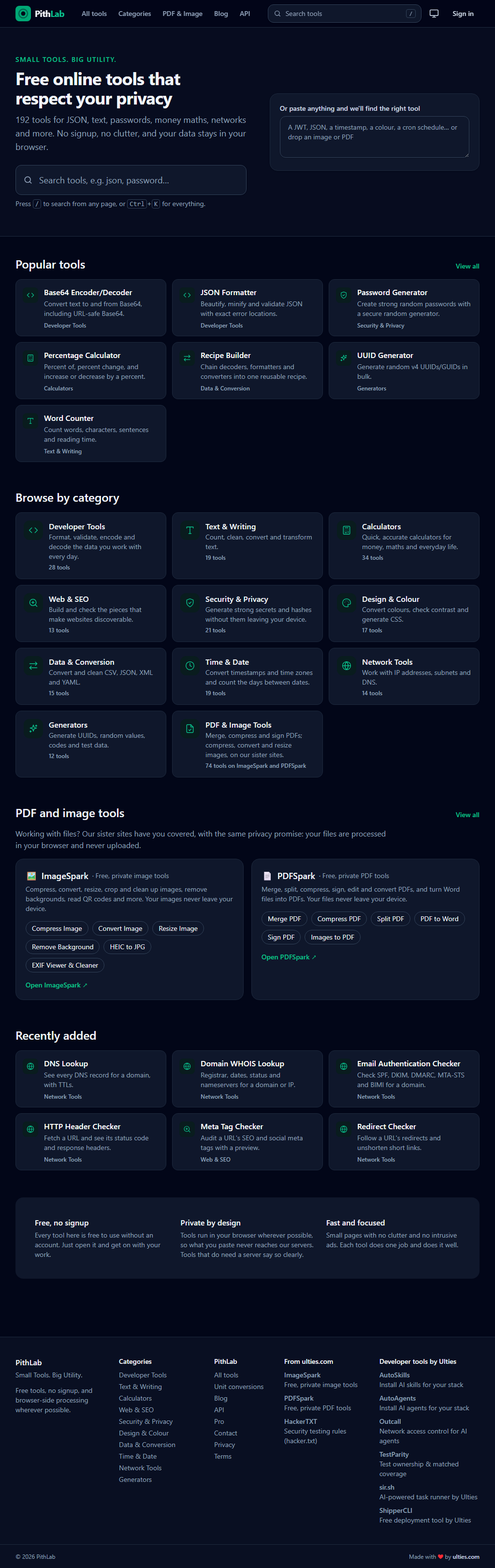 Full-height PithLab home page screenshot