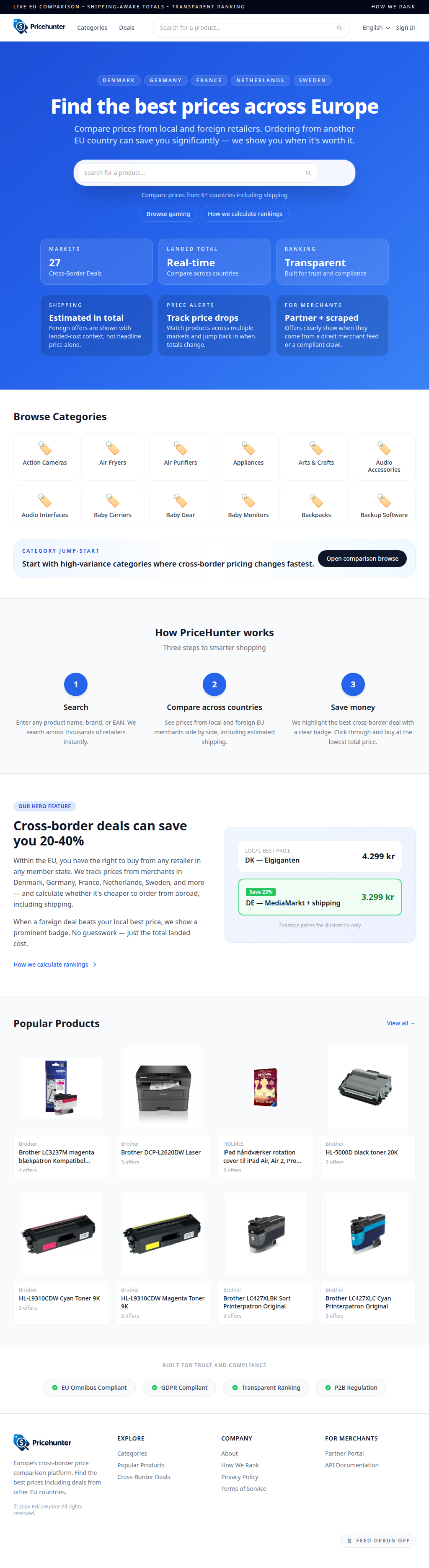 Full-height PriceHunter landing page screenshot
